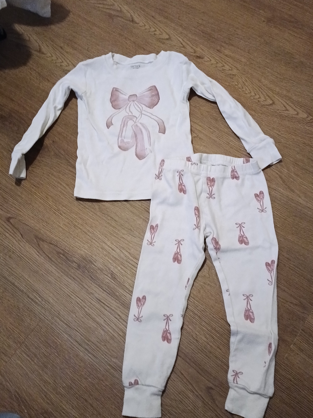 Kids Long Sleeve Pajama Set with Pink Ballet Bow and Slippers